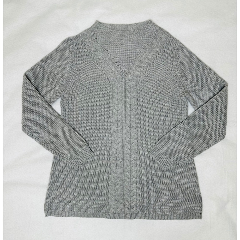 Talbots Womens Large Gray Lambswool Blend Cable Knit Ribbed Mock Neck Sweater L